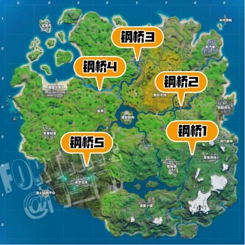 堡垒之夜前往红色黄色绿色蓝色紫色钢桥完成_堡垒之夜前往五个地标